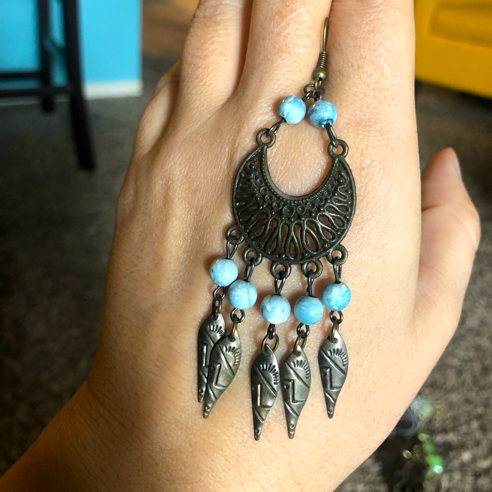 Turquoise and Feather chandelier earrings